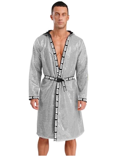 Riismen Herren Boxer Kostüm Pailletten Boxermantel mit Kapuze Boxer Robe Kämpfer Uniform Halloween Cosplay Karneval Kostüm Silber XXL von Riismen