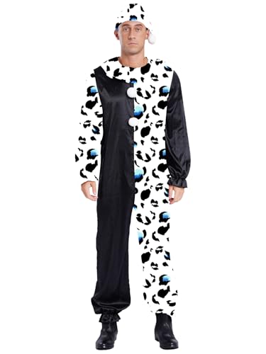 Riismen Herren Clown Kostüm mit Hut Farbblock Overall Langarm Killer Clown Cosplay Set Halloween Karnevalskostüm Fasching Kostüm Mottopartys Schwarz-Weiss 3XL von Riismen