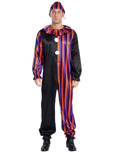 Riismen Herren Clown Kostüm mit Hut Farbblock Overall Langarm Killer Clown Cosplay Set Halloween Karnevalskostüm Fasching Kostüm Mottopartys Schwarzorange XL von Riismen