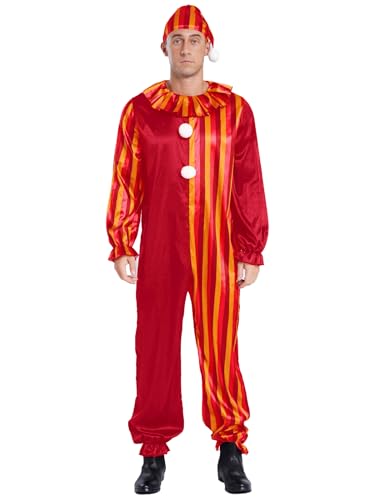 Riismen Herren Clown Kostüm mit Hut Farbblock Overall Langarm Killer Clown Cosplay Set Halloween Karnevalskostüm Fasching Kostüm Mottopartys rot Gelb XXL von Riismen