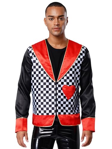 Riismen Herren Herzkönig Kostüm Rennfahrer Kostüm Racer Babe Kostüme Kariert Jacket Tiefe V-ausschnitt Mantel Faschingskostüm Halloween Rave Outfit Rot 3XL von Riismen
