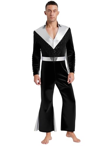 Riismen Herren Metallic Jumpsuit mit Quasten V-Ausschnitt Overall Disco Kostüm Halloween Karneval Fasching Kostüm Rave Outfit von Riismen