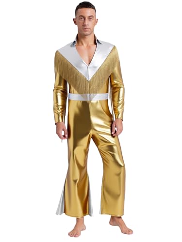 Riismen Herren Metallic Jumpsuit mit Quasten V-Ausschnitt Overall Disco Kostüm Halloween Karneval Fasching Kostüm Rave Outfit von Riismen