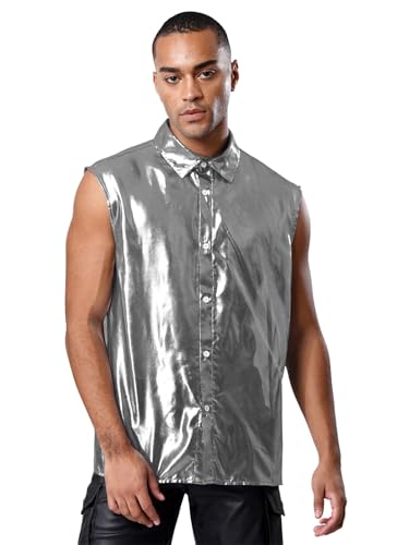 Riismen Herren Metallic Tanktop Ärmellos Top Oberteile Glänzend Weste Streetwear Rave Party Outfit Karnevalskostüm Clubwear Nachtclubs von Riismen