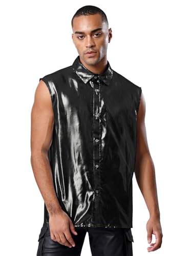 Riismen Herren Metallic Tanktop Ärmellos Top Oberteile Glänzend Weste Streetwear Rave Party Outfit Karnevalskostüm Clubwear Nachtclubs von Riismen