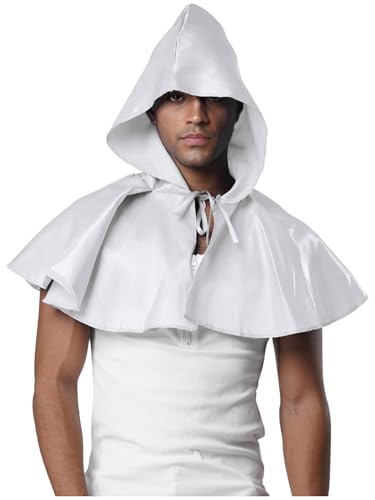 Riismen Herren Umhang mit Kapuzen Grim Reaper Kostüm Mittelalter Kostüme Festival Outfit Halloween Cosplay Faschingskostüm Rave Outfit Weiß Einheitsgröße von Riismen