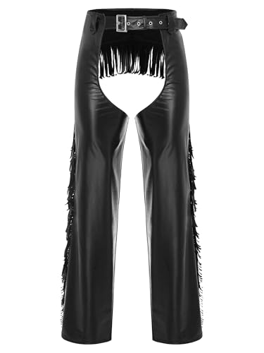 Riismen Herren Western Cowboy Kostüm Vintage Chaps Hose Leder Cowboyhose Mit Quasten Mottoparty Halloween Karneval Kostüm von Riismen