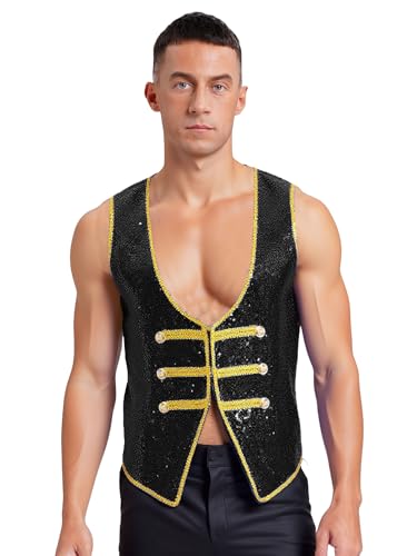 Riismen Herren Zirkus Kostüm Glitzer Pailletten Weste Ärmellos Retro Frack Halloween Cosplay Ffaschingskostüm Rave Outfit von Riismen