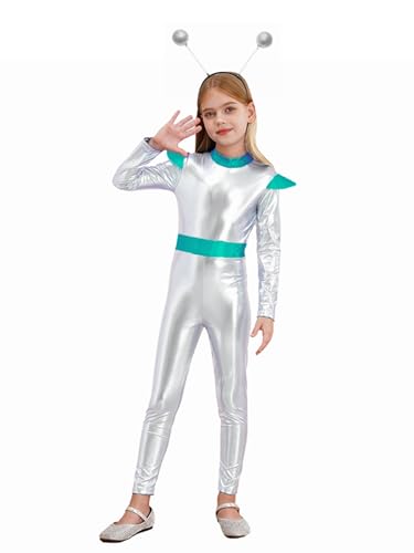Riismen Kind Mädchen Verkleidung Ausländer Ausländer Kombination Metallisch Karneval Cosplay Spiel Von Rolle Leistung Silber 158-164 von Riismen