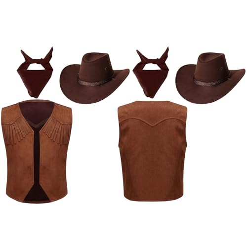 Riismen Kinder Junge Cowboy Weste + Cowboy Hut + Cowgirl Mädchen Halstuch Kostüm Set Karneval Halloween Cosplay Party 316 Jahre Braun 158-164 von Riismen