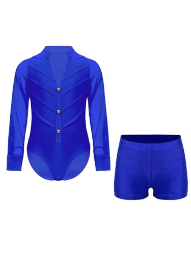 Riismen Kinder Latein Tanzkostüm 2-teilig Glitzer Turnanzug Quasten Gymnastikanzug mit Strass und Shorts Jungen Eiskunstlauf Leotard B Blau 122-128 von Riismen