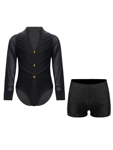Riismen Kinder Latein Tanzkostüm 2-teilig Glitzer Turnanzug Quasten Gymnastikanzug mit Strass und Shorts Jungen Eiskunstlauf Leotard B Schwarz 134-140 von Riismen