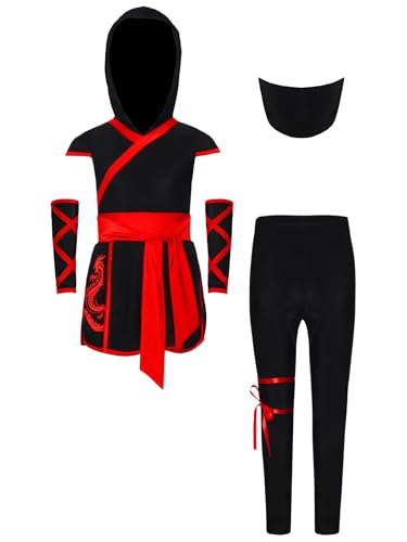 Riismen Kinder Ninja Kostüm Set Kapuze Oberteil und Elastischen Bund Hosen mit Passenden Handschuhen Halloween Cosplay Anzug B Rot 110-116 Riismen Kinder Ninja Kostüm Set Kapuze Oberteil und Elastischen Bund Hosen mit Passenden Handschuhen Halloween Cosplay Anzug B Rot 110-116 von Riismen