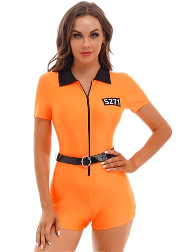 Riismen Kostüme Karneval Frau Verkleidung Schiedsrichter Gefangener Cosplay Kleid Body Mit Gürtel Reißverschluss Verkleidung Halloween Maskerade Rollenspiel Orange XXL von Riismen