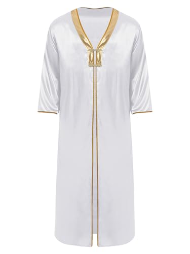 Riismen Kurzarm Arabisch Robe Heren Slim Fit Patchwork Thobe Glänzend V-Ausschnitt Gewand Männer Themenpartys Anzug Clubwear Weiß XL von Riismen