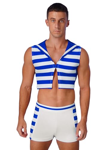 Riismen Matrosenkostüm Herren Zweiteiler V-Ausschnitt Ärmellos Crop Top mit Streifendesign und Boxershorts Cosplay Kostüm Blau XXL von Riismen