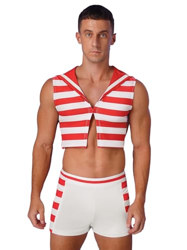 Riismen Matrosenkostüm Herren Zweiteiler V-Ausschnitt Ärmellos Crop Top mit Streifendesign und Boxershorts Cosplay Kostüm Rot XXL von Riismen