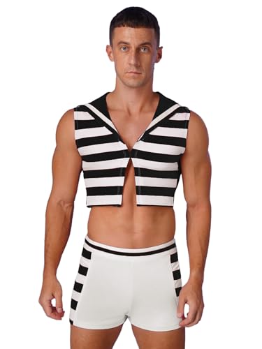 Riismen Matrosenkostüm Herren Zweiteiler V-Ausschnitt Ärmellos Crop Top mit Streifendesign und Boxershorts Cosplay Kostüm Schwarz XXL von Riismen