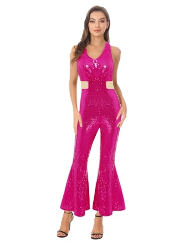 Riismen Metallic Jumpsuit Damen Pailletten Bodysuit Slim Fit V-Ausschnitt Overall Netz Strampler Geraffte Bell Bottom Jazz Outfit Hot Pink L Riismen Metallic Jumpsuit Damen Pailletten Bodysuit Slim Fit V-Ausschnitt Overall Netz Strampler Geraffte Bell Bottom Jazz Outfit Hot Pink L von Riismen