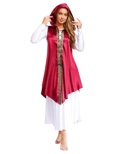Riismen Retro Umhang Damen Ärmellos Lang Cape Mittelalterlicher Kapuzenumhang mit Unregelmäßige Saum Mottoparty Kostüm Burgundy XL von Riismen