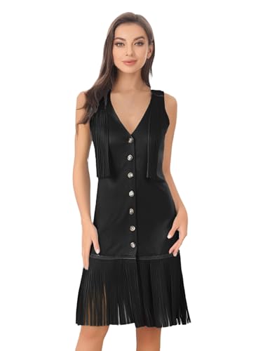 Riismen Western Cowgirl Kostüm Damen Wildleder Cowgirl Kleid mit Quasten Ärmellos V-Ausschnitt Kleid Halloween Cosplay Karneval Fasching Kostüm von Riismen