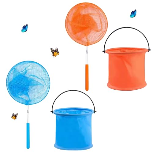 Riisoyu 2 Stück Teleskop Kinder Kescher Set, mit Faltbarer Eimer Schmetterlingsnetz Ausziehbares Fischernetz Schmetterling Net Outdoor Ideal Zum Fangen von Insekten Angeln Outdoor Gartenaktivitäten von Riisoyu