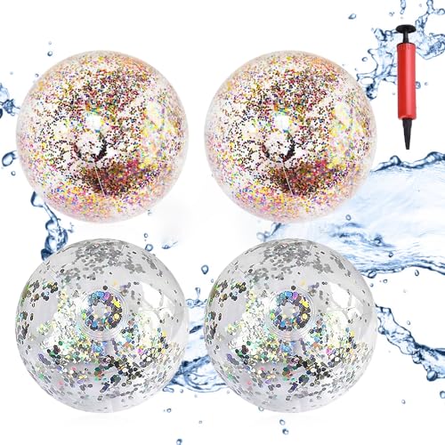 Riisoyu 4 Stück Aufblasbare Glitter Wasserbälle, 40cm Gold Silber Glitzer Ball mit Inflator Wiederverwendbar Mehrfarbig Farbig Aufblasbarer Ball Set für Wasserspiele Schwimmbad-Strandparty von Riisoyu
