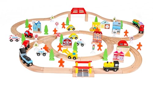 Rijoka Holzspielzeug-Eisenbahn mit Schienen – Zug-Set, 100-teilig von Rijoka