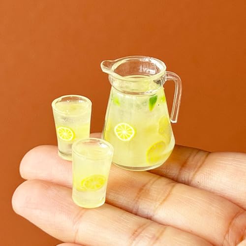 3pcs Miniatur Limonade Pitcher Set, Puppenhaus Gläser Flasche Limonade, Mini Zitrone Obst Eistee, für Puppenhaus Miniatur Küche, Feengarten, Diorama von RillyRellow
