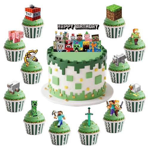 25 Stück Pixel Tortendeko Jungen, 8-Bit Video Game Kuchen Deko Kindergeburtstag, Cake Topper Set, Happy Birthday Topper für Jungen Geburtstag Party Kuchen Dekoration Supplies（A） von Rimtpuz