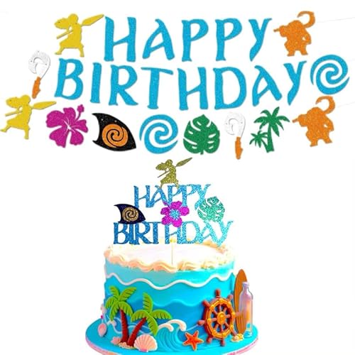 Moana Geburtstagsdeko Set, Moana Deko Geburtstag Banner & Cake Topper, Glitzer Tropische Hawaiianische Luau Party Deko für Kinder Geburtstag, Baby Dusche, Sommerparty, Blau von Rimtpuz