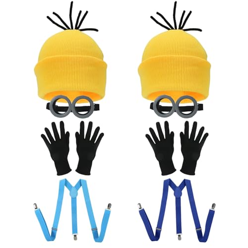 Rimtpuz 8 STK Gelbes Kostüm set für cosplay, Halloween Kostüme für Erwachsene Kinder, 2 Brille Gelbe 2 Mütze 2 Schwarze Handschuhe und 2 blaue Hosenträger Rimtpuz 8 STK Gelbes Kostüm set für cosplay, Halloween Kostüme für Erwachsene Kinder, 2 Brille Gelbe 2 Mütze 2 Schwarze Handschuhe und 2 blaue Hosenträger von Rimtpuz