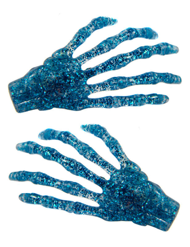 Kreepsville-Haarklammern Glitzernde Skeletthände 2 Stück blau 7cm Kreepsville-Haarklammern Glitzernde Skeletthände 2 Stück blau 7cm von Ripper Merchandise LTD - KF