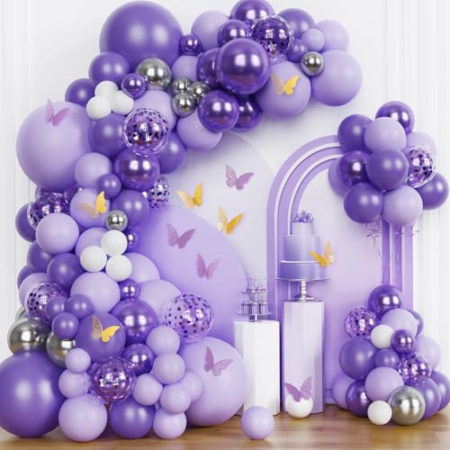155Stück Lila Luftballon Girlande Set Lila Geburtstagsdeko, 12Pcs Schmetterling Deko für Mädchen Frauen Geburtstag Baby Shower Hochzeit Party Verlobung von Riqiaqia