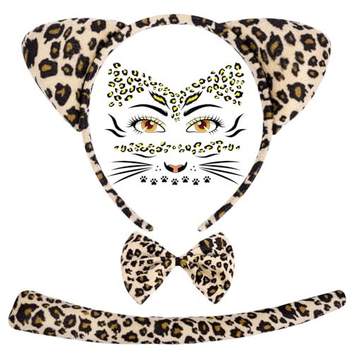 Riqiaqia Gepard Kostüm Set, Leopard Kostüm Zubehör Gepard Ohren Stirnband Fliege Schwanz Tattoos für Halloween Cosplay von Riqiaqia