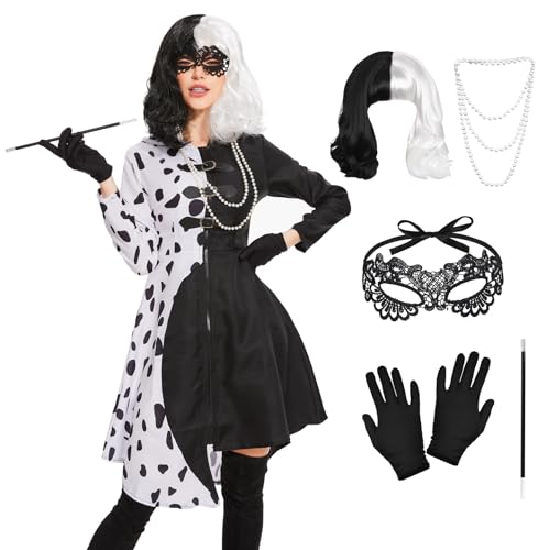 6 Stück Cruella Kostüm Damen Set, Cruella Devil Kostüm Damen mit Perücke Spitze Maske Handschuhe Perlenkette und Lange Stange, Schwarz Weißes Dalmatiner Kleid für Karneval Cosplay Party Fasching (M) 6 Stück Cruella Kostüm Damen Set, Cruella Devil Kostüm Damen mit Perücke Spitze Maske Handschuhe Perlenkette und Lange Stange, Schwarz Weißes Dalmatiner Kleid für Karneval Cosplay Party Fasching (M) von Risingor