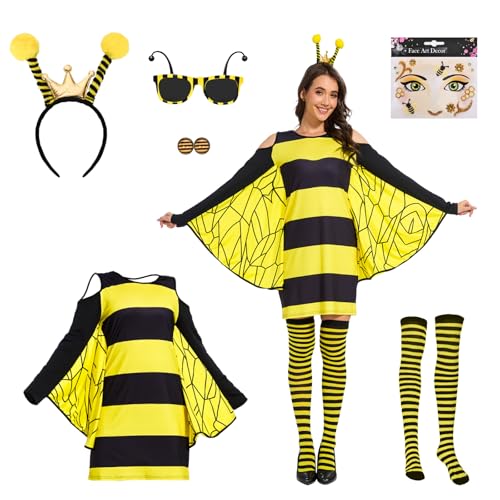 RISINGOR Bienen Kostüme für Erwachsene, Hummel BienenKostüm Damen mit Haarband Sonnenbrille Aufkleber Ohrstecker Socken Gelbes Honigbienenkleid Bienen Faschingskostüme für Karneval Cosplay Party (XXL) RISINGOR Bienen Kostüme für Erwachsene, Hummel BienenKostüm Damen mit Haarband Sonnenbrille Aufkleber Ohrstecker Socken Gelbes Honigbienenkleid Bienen Faschingskostüme für Karneval Cosplay Party (XXL) von Risingor
