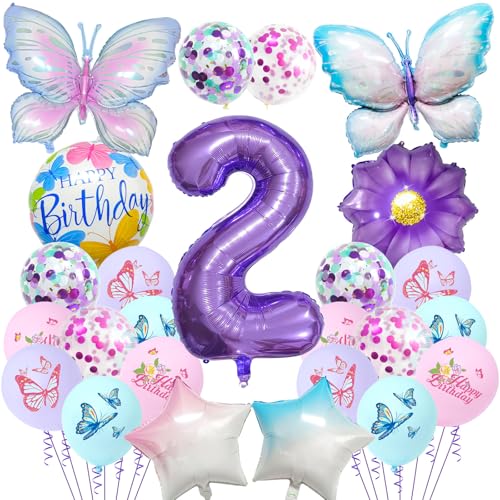 Schmetterlings-Geburtstagsdekorationen für Mädchen – 25 Stück Schmetterlings-Folienballons, Nummer 1 lila Farbverlauf, Partydekorationsset für 1 Jahr altes Mädchen (lila – 2. Geburtstag) von Risipu