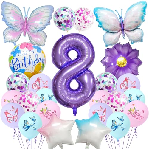 Schmetterlings-Geburtstagsdekorationen für Mädchen – 25 Stück Schmetterlings-Folienballons, Nummer 1 lila Farbverlauf, Partydekorationsset für 1 Jahr altes Mädchen (lila – 8. Geburtstag) von Risipu