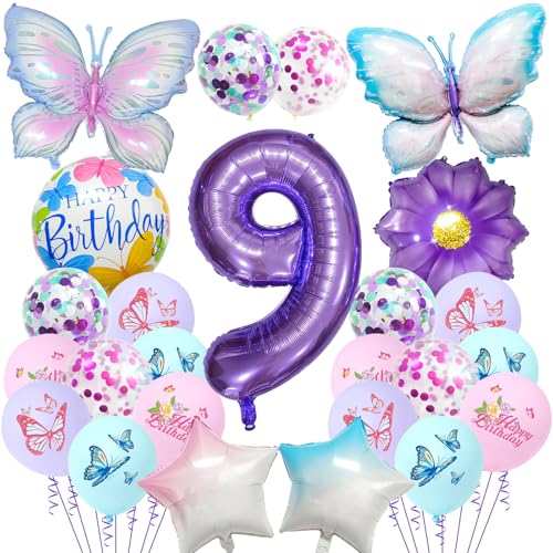 Schmetterlings-Geburtstagsdekorationen für Mädchen – 25 Stück Schmetterlings-Folienballons, Nummer 1 lila Farbverlauf, Partydekorationsset für 1 Jahr altes Mädchen (lila – 9. Geburtstag) von Risipu