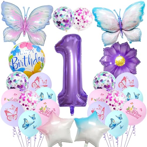 Schmetterlings-Geburtstagsdekorationen für Mädchen – 25 Stück Schmetterlings-Folienballons, Nummer 1 violetter Farbverlauf, Partydekorationsset für 1 Jahr altes Mädchen (Violett, 1. Geburtstag) von Risipu