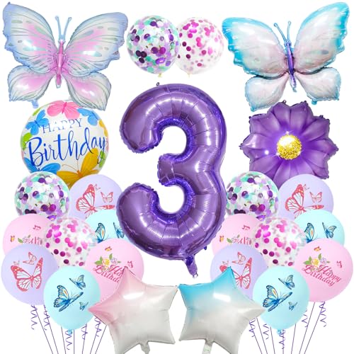 Schmetterlings-Geburtstagsdekorationen für Mädchen – 25 Stück Schmetterlings-Folienballons, Nummer 1 violetter Farbverlauf, Partydekorationsset für 1 Jahr altes Mädchen (lila – 3. Geburtstag) von Risipu