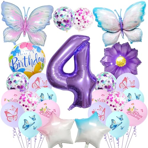 Schmetterlings-Geburtstagsdekorationen für Mädchen – 25 Stück Schmetterlings-Folienballons, Nummer 1 violetter Farbverlauf, Partydekorationsset für 1 Jahr altes Mädchen (lila – 4. Geburtstag) von Risipu