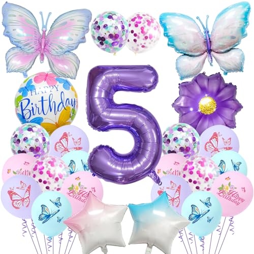 Schmetterlings-Geburtstagsdekorationen für Mädchen – 25 Stück Schmetterlings-Folienballons, Nummer 1 violetter Farbverlauf, Partydekorationsset für 1 Jahr altes Mädchen (lila – 5. Geburtstag) von Risipu