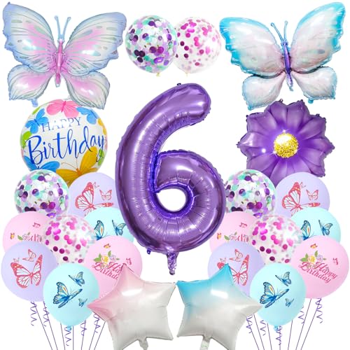 Schmetterlings-Geburtstagsdekorationen für Mädchen – 25 Stück Schmetterlings-Folienballons, Nummer 1 violetter Farbverlauf, Partydekorationsset für 1 Jahr altes Mädchen (lila – 6. Geburtstag) von Risipu