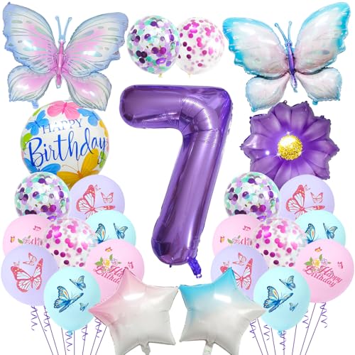 Schmetterlings-Geburtstagsdekorationen für Mädchen – 25 Stück Schmetterlings-Folienballons, Nummer 1 violetter Farbverlauf, Partydekorationsset für 1 Jahr altes Mädchen (lila – 7. Geburtstag) von Risipu