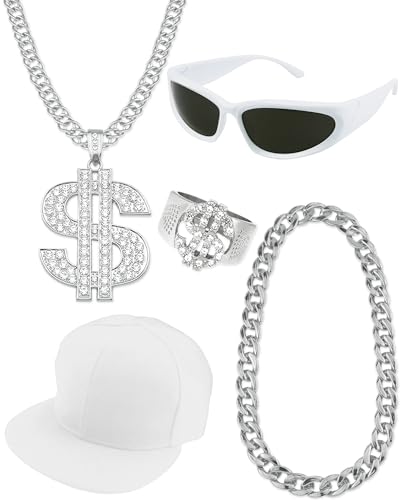 Riuziyi 5 Pack Hip Hop Kostüm Kit Rapper Zubehör 2000er 80er 90er Jahre Outfit Gefälschte Goldkette Sonnenbrille Ring Hut für Rapper (Weiß & Silber) von Riuziyi
