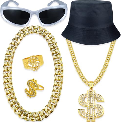 Riuziyi Hip-Hop-Kostüm-Set für Herren im Stil der 2000er Jahre, Y2K, Sonnenbrillenringe, Hut, Rapper, Outfit, Zubehör für Motto-Partys, 6 Stück, Gold, Adjustable Riuziyi Hip-Hop-Kostüm-Set für Herren im Stil der 2000er Jahre, Y2K, Sonnenbrillenringe, Hut, Rapper, Outfit, Zubehör für Motto-Partys, 6 Stück, Gold, Adjustable von Riuziyi