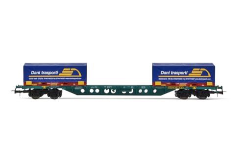 FS CEMAT Containerwagen Typ Sgns, grün lackiert, mit 2 x 20-Fuß-Coil-Container „Dani Trasporti“, Epoche V–VI von Rivarossi