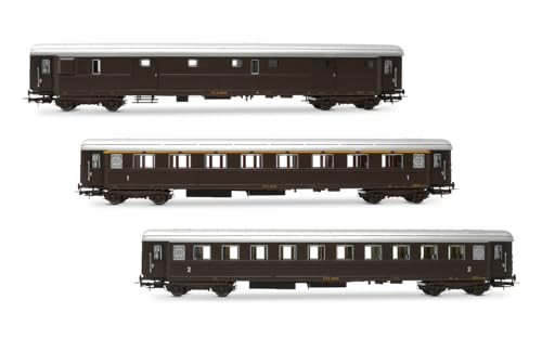 Rivarossi HR4365 FS, 3er-Pack, Gepäckwagen Dz 83000 + Az 13010 Typ 1946 1. Klasse + Bz33010 Typ 1946 2. Klasse, Castano-Lackierung, Ep. IIIb, Schienenfahrzeuge von Rivarossi